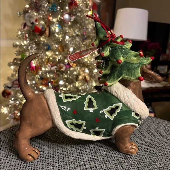 Blue Sky Festive Dachshund Holiday Figurine with Christmas Tree Hat - Picture 4 of 5